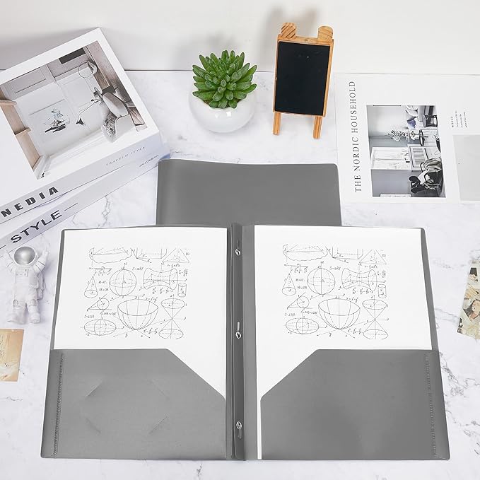 Lincia 100 Pcs Plastic Folders with Pockets and Prong Folders with Prongs 2 Pockets for Office, School for Students, Teachers, Office Workers(Gray)