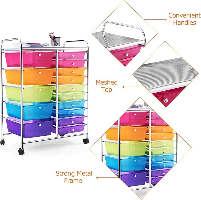 HAPPYGRILL 15-Drawer Rolling Cart, Storage Carts with Removable Drawers & Steel Frame, Utility Cart on Lockable Wheels for Home, School, Office,Colorful