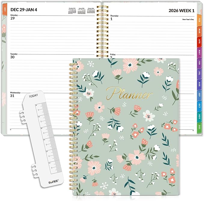 SUNEE 2026 Weekly and Monthly Planner - from January 2026 - December 2026, Daily Agenda Planner with Monthly Tab, Flexible Cover, Note Pages, Pockets, Bookmark, Spiral Binding, Green Wildflowers, 8.5"x11"