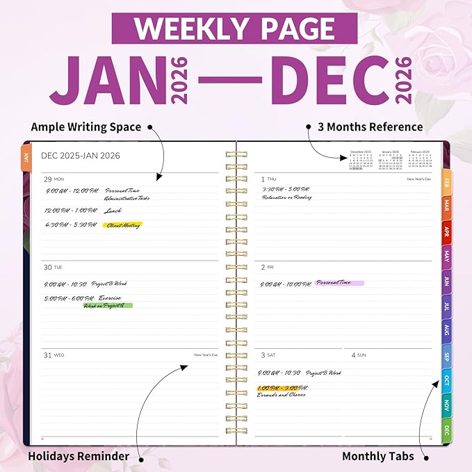 GNL 2026 Planner, Weekly and Monthly Planner January - December 2026, 6.4" x 8.3" Monthly Planner with Waterproof Flexible Cover, Spiral Binding Notebook with Colorful Tab, Pockets, Bookmark, Rose