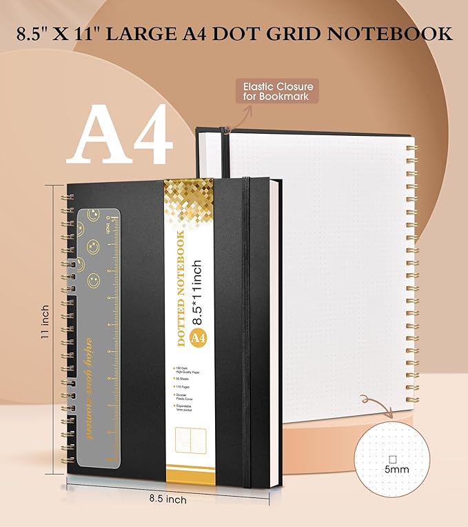 Dotted Notebook, Spiral Notebook Journal 8.5” x 11”, A4 Large Dot Grid Notebooks for Women Men, 100 GSM Dotted Paper, Plastic Hardcover Spiral Bullet Journals for Work School Sketching, Black