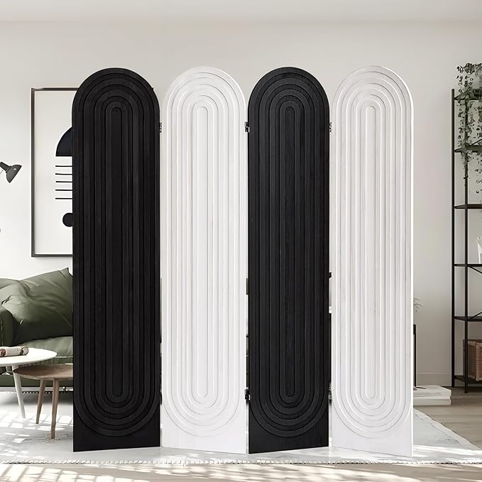 Asnefeli Room Divider 4 Pnale, Folding Privacy Screen, Foldable Wood Arched Room Divider Wall, Portable Partition Screen, Partition Divider for Room Separation for Home Office Bedroom, Black/White