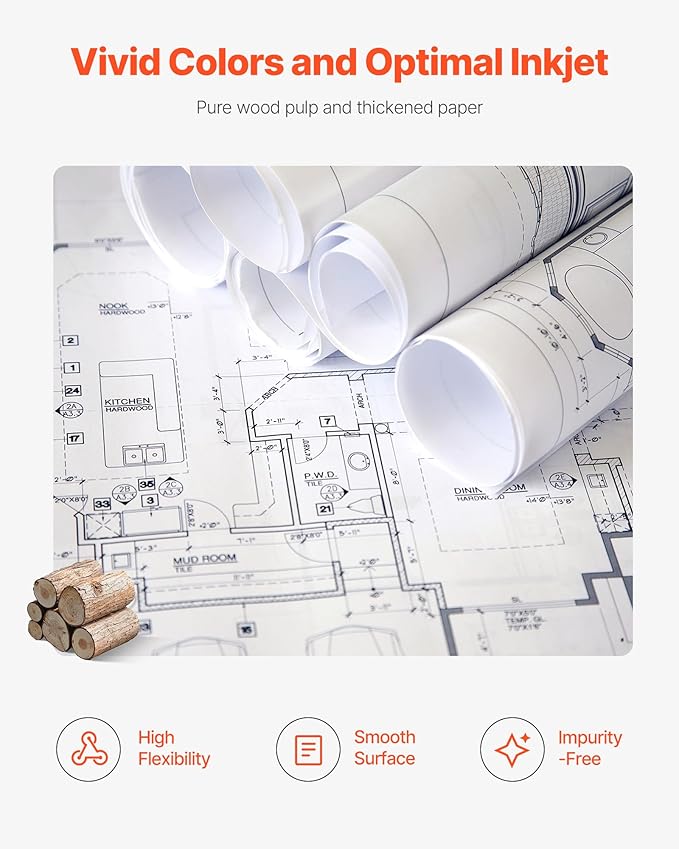 VEVOR Wide Format Paper, 24 in x 150 ft Plotter Roll, 8 Rolls CAD Bond Rolls with 2 in Core, 20 LB Bond Paper Rolls, Ideal for CAD Drawings, Engineering Plans, GIS Maps, and Architectural Designs