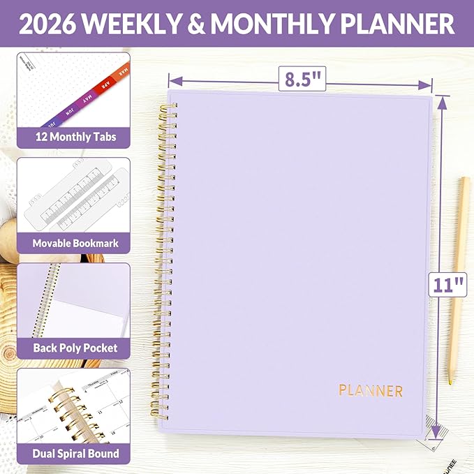 SUNEE 2026 Weekly and Monthly Planner - from January 2026 - December 2026, Daily Agenda Planner with Monthly Tab, Flexible Cover, Note Pages, Pockets, Bookmark, Spiral Binding, Purple, 8.5"x11"