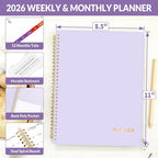 SUNEE 2026 Weekly and Monthly Planner - from January 2026 - December 2026, Daily Agenda Planner with Monthly Tab, Flexible Cover, Note Pages, Pockets, Bookmark, Spiral Binding, Purple, 8.5"x11"