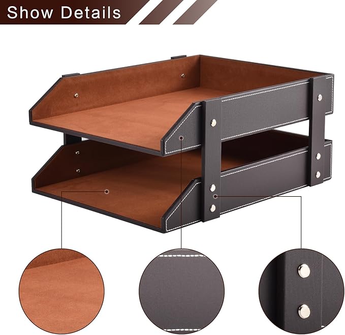 XNONE Leather Desk Organizer,2-Tier Stackable Letter Tray Holder,Office Supplies Desktop Storage Box for Document,Stationery,Magazines,Newspapers,Letters and Other Home Office Paper Sundries,Coffee
