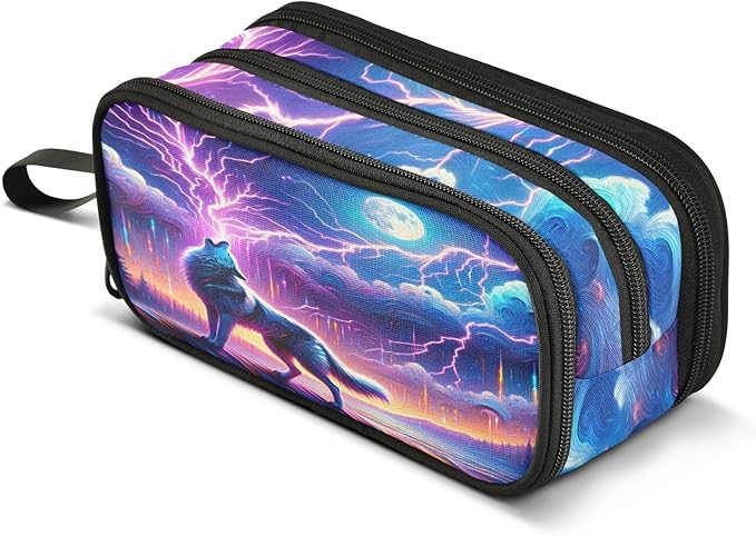 Wolf Howling Moon Lightning Pencil Case Box Boys Girls Large Pencil Pouch with Zipper Compartments Big Capacity Stationery Pen Bag Organizer for Kids Teens Adults School