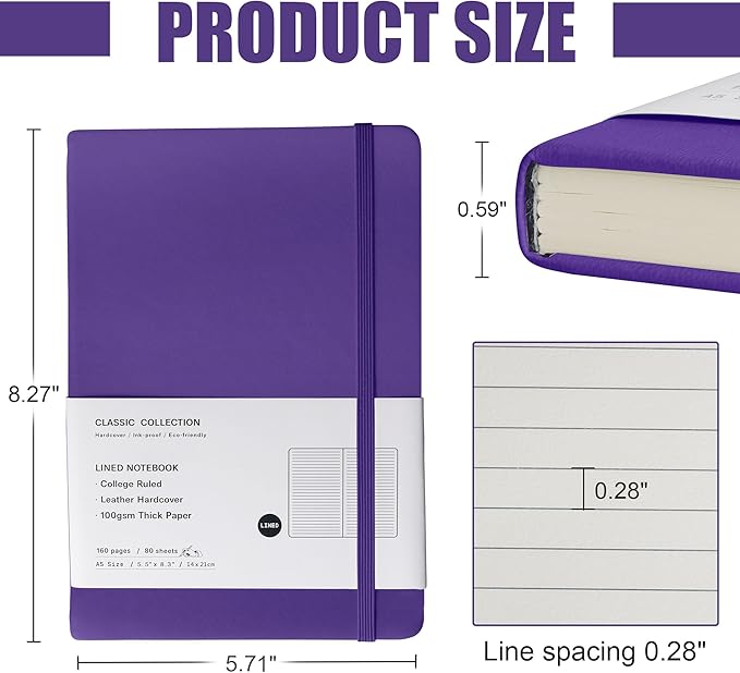 EMOMAS Lined Journal Notebook, 10Pack Hardcover Notebook for Men & Women – Journals for Writing, Work, School, Home & Daily Notes, 160 Pages – Medium A5, 5.7"x8", 100 gsm Thick Paper (Purple)