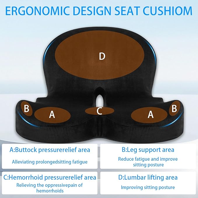 Watshyon Ergonomic Memory Foam Reenly Seat Cushion & Non-Slip Base with Adjustable Straps,Seat Cushion for Truck Driver and Office Chair Cushion,Removable Washable Cover- Plush Velvet