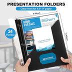 Teling 24 Pcs Clear Front Report Covers with 3 Prongs, Plastic Black Presentation Folders Bulk with 3 Pockets for A4 and Letter Size Paper, 90 Sheet Capacity, Document Covers for School Business