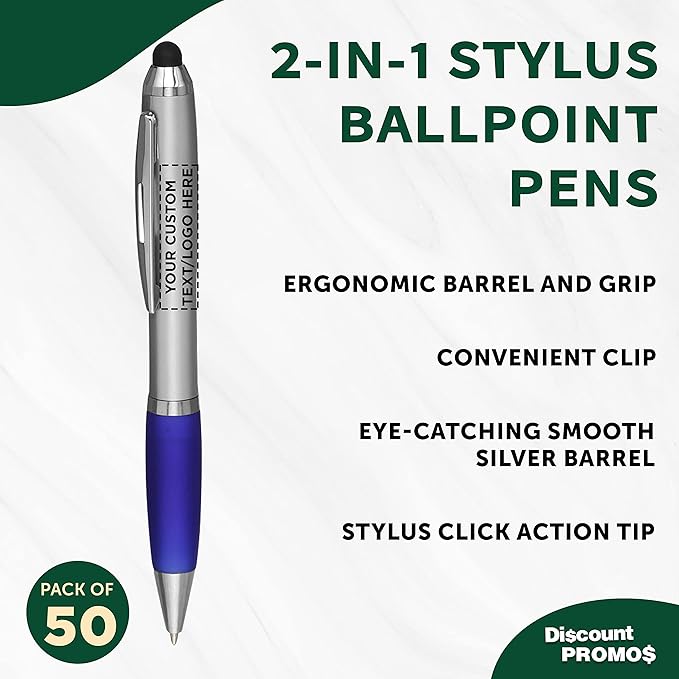 DISCOUNT PROMOS Custom Stylus Ballpoint Pens Set of 50, Personalized Bulk Pack - Black Ink, Great for Office, School, Business, Tradeshows, Events - Blue
