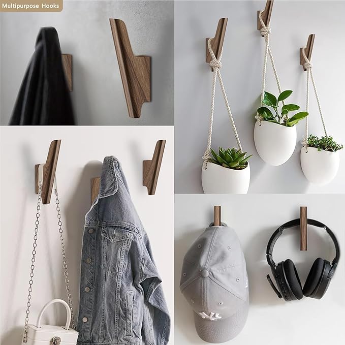 FCOWK Wood Wall Hooks 4 Pack Coat Hooks Wall Mount Walnut Wooden Hooks for Hanging Hat, Bag, Backpack, Rustic Coat Hooks for Wall, Wood Towel Hooks for Bathrooms and Entryway Hooks (Walnut, Light)