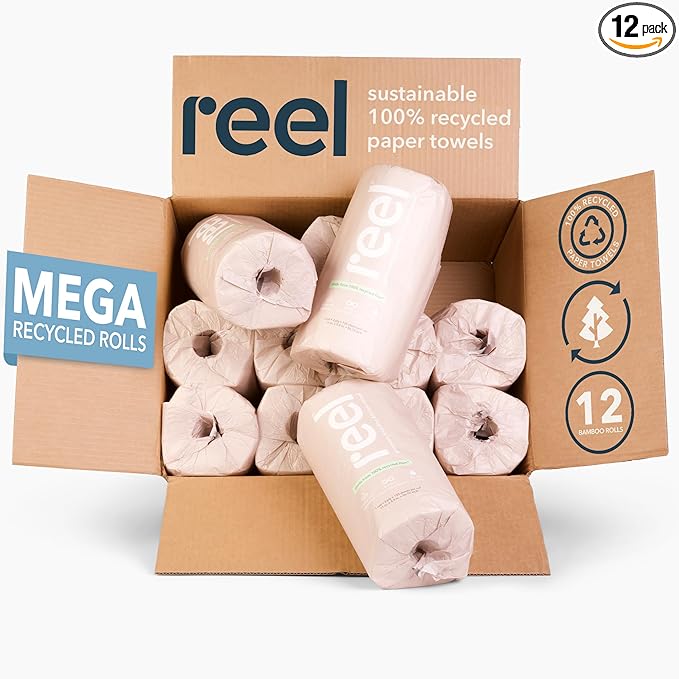 Reel Premium Recycled Paper Towels- 12 Rolls, 2-Ply Made From Tree-Free, 100% Recycled Paper - Eco-Friendly, Hypoallergenic and Zero Plastic Packaging
