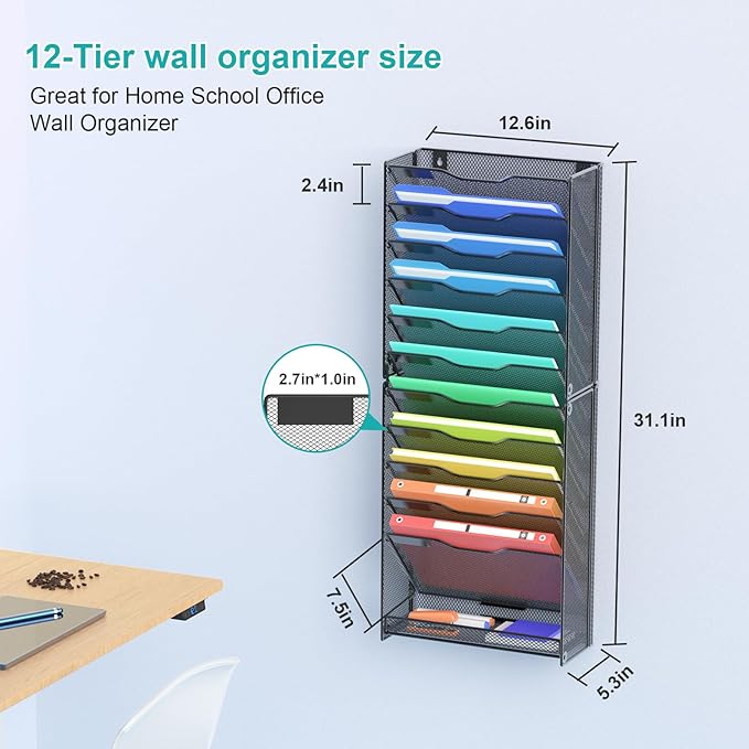 VEESUN 12 Tier Wall File Organizer, Mesh Letter Magazine Mail Wall File Holder Rack Hanging File Organizer With Flat Tray For Office Home, Black