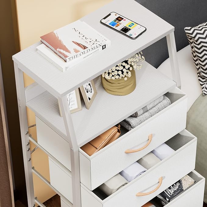 Furnulem Tall 4 Drawers Dresser, Vertical Storage Tower for Bedroom, Hallway, Entryway, Nursery, Closet Organizer, Nightstand Bedside Table Furniture, Sturdy Steel Frame, Wood Top, White