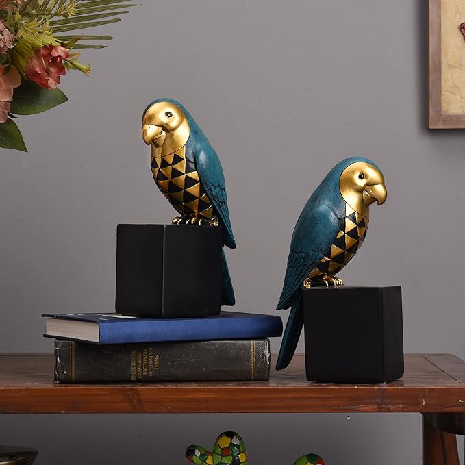 Kakizzy Book Ends Decorative, Parrot Bookends for Shelves, Animal Book Stopper Decorative, Retro Book Ends for Heavy Books, Bird Figurines Statues Indoor, Unique Book Lover Gift(Blue Parrot)
