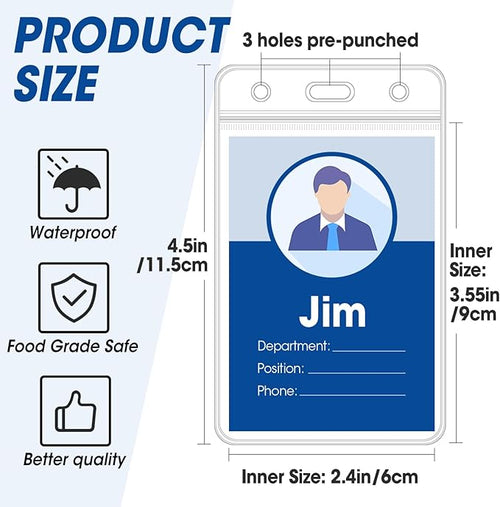 100 Pcs Vertical Badge Holders, Waterproof ID Badge Holder, Clear ID Card Holder with Resealable Zip for Proximity Cards, RFID, Credit Cards