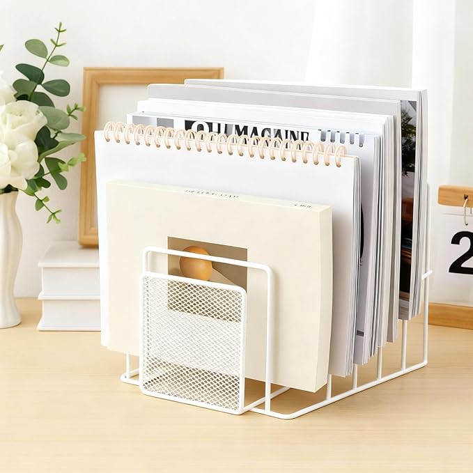 2 Pcs 7 Section Incline File Sorter Metal Wire Mesh File Rack for Desktop Letter Sorter for Magazine Folder Book Organizer Home Office School Paper Mail Desk Storage Holder (White)