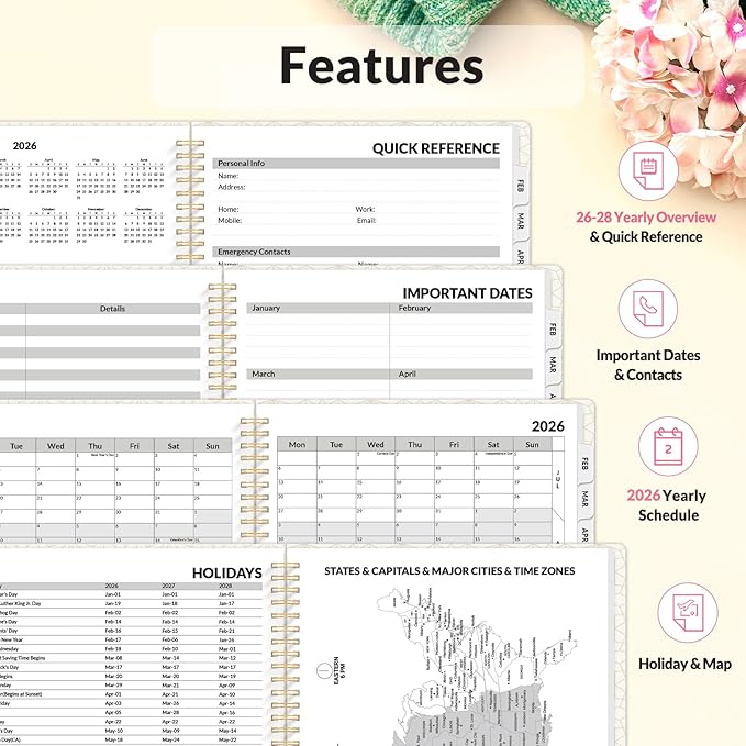 SUNEE 2026 Planner, Weekly and Monthly Calendar Planner, January 2026-December 2026, Daily Agenda with Tabs, Note Pages, Spiral Binding, 8.5"x11", Watercolor Flowers
