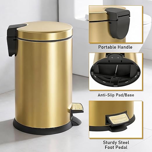 SIMPLYKLEEN Bathroom Trash Can with Lid - 2PC Oval Small Trash Can with Soft-Close Lid, Foot Pedal, Brushed Stainless Steel, Removable Liner, Garbage can for Kitchen, Office, Home Gold