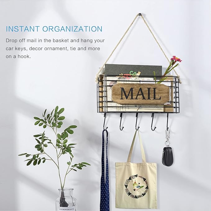 SRIWATANA Mail Organizer Wall Mount, Rustic Mail Holder Key Holder for Wall with Hooks, Small Size, Carbonized Black