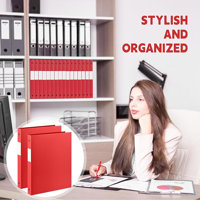 Henoyso 36 Pcs 3 Ring Binder 0.5 Inch Round Fits Letter Size 8.5'' x 11'' Paper Plastic Flexible Binder Bulk Holds 140 Sheets with 1 Pockets Versatile Organizer for Home Office School (Red)