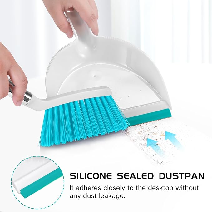 NACENA Mini Broom and Dustpan Set, Small Dust Pan and Brush Set with Handle Dustpan Teeth for Cleaning Hair Suitable for Office Desks Drawers Sofa Outdoor Camping, Light & Blue
