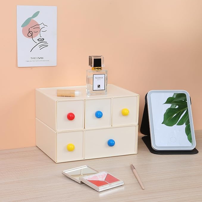 OSteed Desktop Drawers, Desk Organizer with 2 Drawers & Dopamine Handles, Stackable Plastic Storage Box for Home Collection, Cosmetics, Office Supplies (1 Tall Layer, Cream)