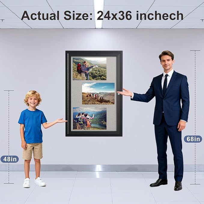36×24 Inch Lockable Enclosed Bulletin Board, Weather-Resistant Outdoor Noticeboard with Locking Doors, Wall-Mounted Black Aluminum Frame & Grey Felt Presentation Board