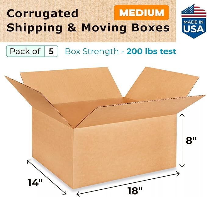 Medium Shipping & Moving Boxes 18 x 14 x 8 inches (5-Pack) - Extra Strength 200 lb vs Regular - Corrugated Durable Boxes for Packaging - Cardboard Moving Box - Corrugated Box by IDL Packaging