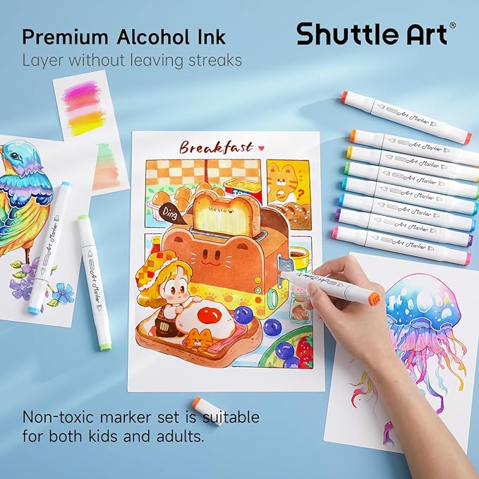 Shuttle Art 240 Colors Alcohol Markers, 239 Colors Dual Tip Art Marker Set Plus Colorless Blender, Micro-tip Pens, White Highlighter Pens, Marker Bag with Holders Perfect for Students Adults Coloring