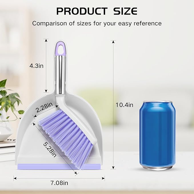 NACENA Mini Broom and Dustpan Set, Small Dust Pan and Brush Set with Handle Dustpan Teeth for Cleaning Hair Suitable for Office Desks Drawers Sofas Outdoor Camping, Light & Purple