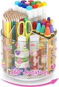 Wawocs Acrylic Pencil Organizer for Desk 4 Compartments with Adhesive DIY Sticker, Rotating Art Supply Organizer with Kawaii Sticker Kids, Spinning Round Marker Small Supply Caddy