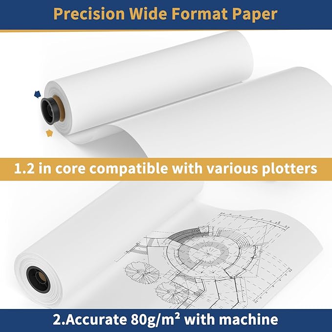 SJPACK Wide Format Paper Roll,36" x 150 ft Plotter Paper with 2 Inch Core for CAD and Inkjet Printing Premium Bond Papers for Engineering Architectural and Maps（2 roll）