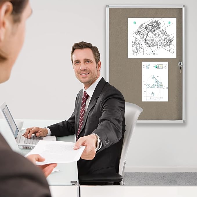 BEST BOARD Enclosed Bulletin Board Lockable Display Case Message Board with Locking Door for Indoor, Grey Felt, Aluminum Frame, 36 X 24 in