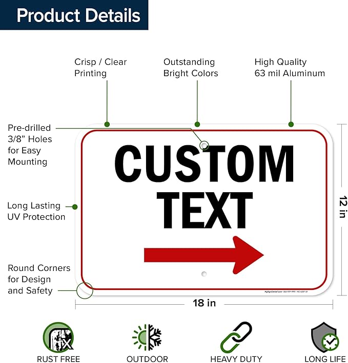 Custom Arrow,Custom Directional Sign, Right Arrow, 12x18 Inches, Rust Free .063 Aluminum, Fade Resistant, Made in USA by My Sign Center