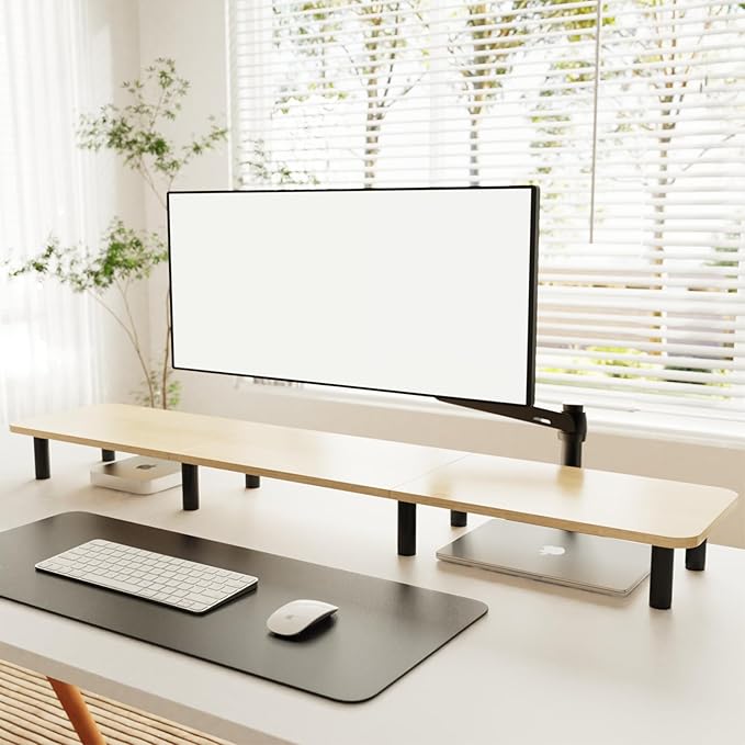 WEGASTU Large Extra Long Monitor Stand Riser 43.7in,Dual Monitor Riser, Wide TV Stand for 2 Monitors, Wood & Steel Leg Adjustable Height Desktop Riser, Home Office Organization. (Natural)