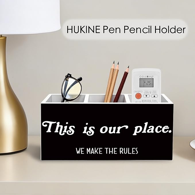 HUKINE This Is Our Place We Make the Rules Pen Holder for Desk Decoration, Inspirational Quotes Wooden Box Sign Pencil Holder Organizer for Home Office Desk Accessories, Housewarming Gifts New Home