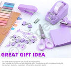 Swpeet 9Pcs Purple Office Supplies Kit, Desk Accessories Including Stapler, Tape Dispenser, Staple Remover, Tabs, Scissors, Staples, Tape, Clips and Sticky Note Ideal for Office and School