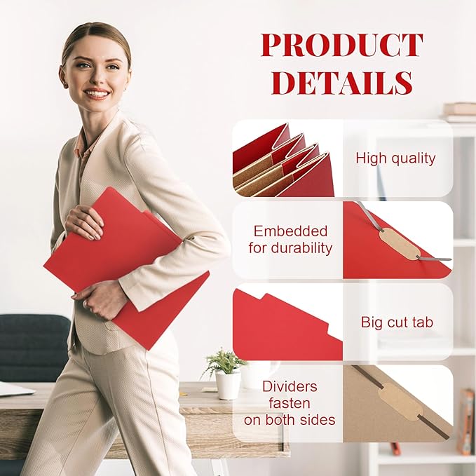 12 Pcs Classification Folders Letter Size 3 Pocket Dividers Employee File Folder with 2 Prongs Fasteners, 2 in Expansion Heavy Duty Pressboard File Holder for School Office Medical Document(Red)
