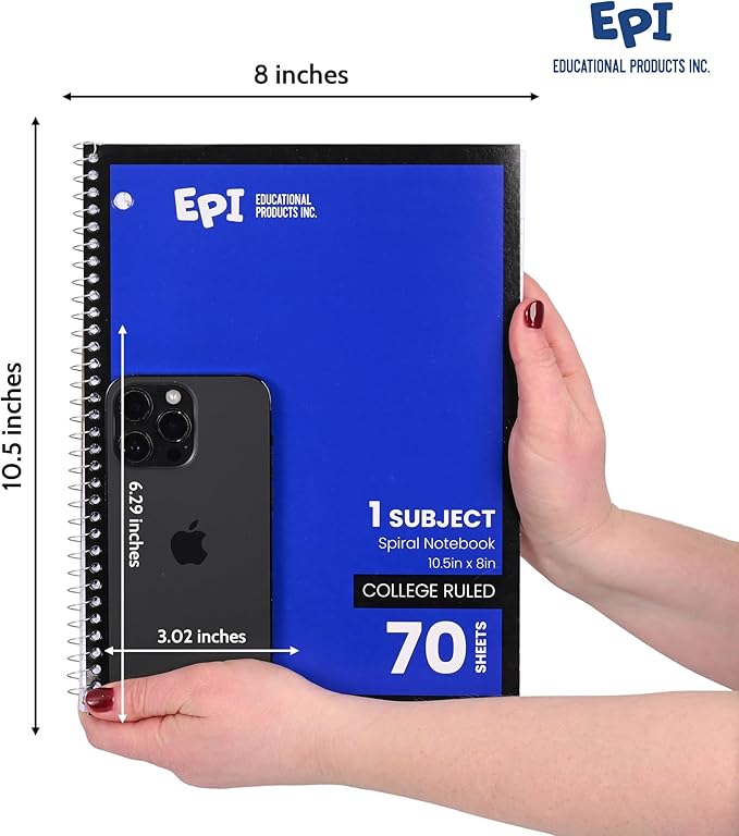 EPI Spiral Notebook | 1 Subject - College Ruled - 70 Sheets, Durable Spiral Binding | 10.5 x 8 in | Classroom Supplies | School, Office, Note Taking, Journaling - 12 Pack