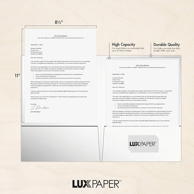 LUXPaper 9" x 12" Presentation Folders | Two Pocket | White Gloss | 14pt. Cover | 25 Qty
