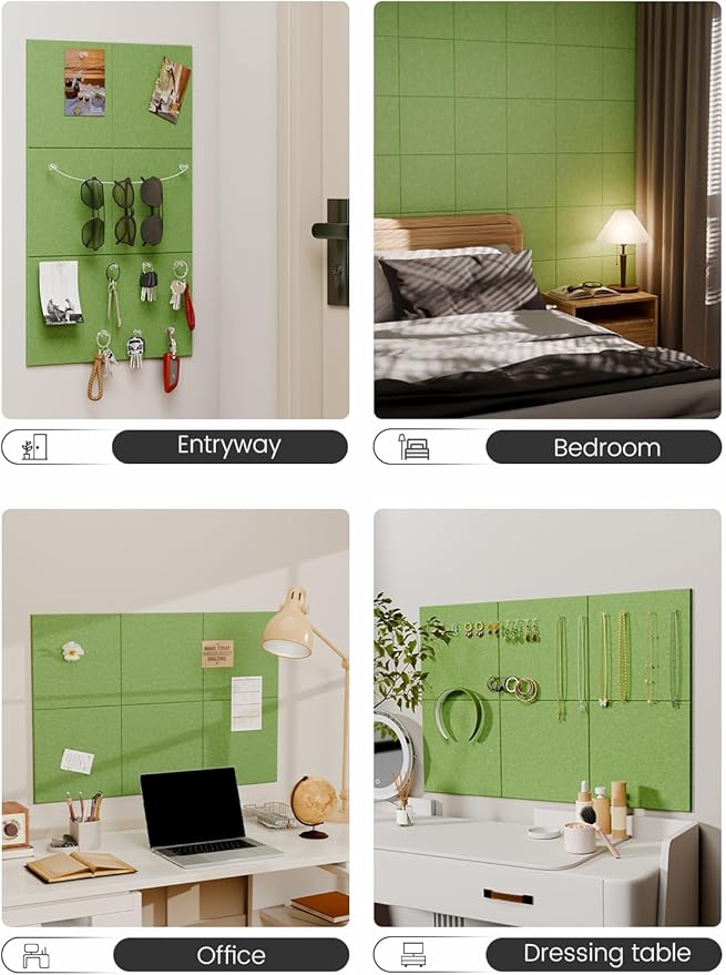 Felt Bulletin Board Tiles -28"x18" Cork Board Alternative for Office Decor, Push Pin Board Wall Organizer 6-Pack - Kelly Green