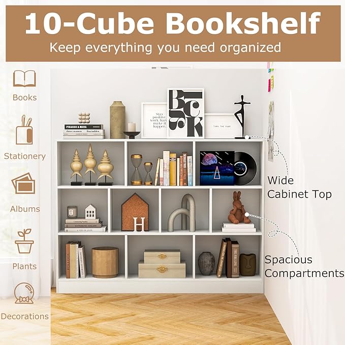 Tangkula 10-Cube Bookshelf, 55”L Floor Bookcase with 2 Anti-Tipping Kits, Freestanding Storage Organizer, 4-Tier Display Shelf for Home, Office & Dorms, Natural/White (White, 10-Cube-Large)