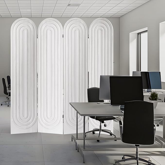 Asnefeli 4 Panel Room Divider and Folding Privacy Screen, Foldable Wood Arched Room Divider Wall, Portable Partition Screen, Room Partition Divider for Room Separation for Home Office Bedroom, White