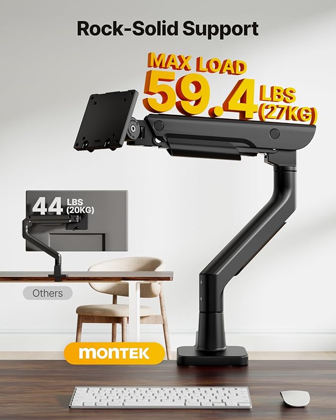 monTEK Sleek Aluminum Monitor Arm for 17–57” Ultrawide Screens up to 59.4 lbs, Heavy Duty Single Monitor Arm Desk Mount, Pneumatic Lift, Quick-Release Plate, Clamp/Grommet, Max VESA 100x100