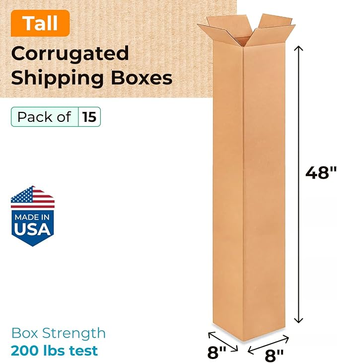 Tall Moving & Shipping Boxes 8"L x 8"W x 48"H (15-Pack) - Extra Strength 200 lb vs Regular - Corrugated Durable Moving Boxes - Corrugated Packaging Box - Packing Supplies Box by IDL Packaging