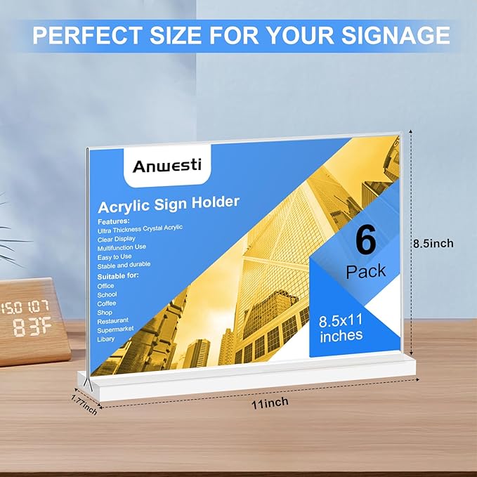 Anwesti Acrylic Sign Holder 11x8.5 Horizontal Double-Sided Plastic Display Sign Holder for Table Menu, Flyer, Office Acrylic Sign Holer 6 Pack