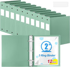 Henoyso 12 Pcs 3 Ring Binder 2 Inch Round Fits Letter Size 8.5'' x 11'' Paper Plastic Flexible Binder Bulk Holds 490 Sheets with 1 Pockets Versatile Organizer for Home Office School (Sage Green)