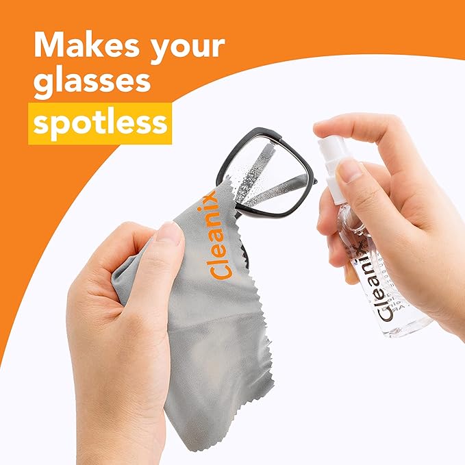 Cleanix Glass Cleaner Set of 2, Alcohol-Free, 2x 2-Oz Spray Bottles with 2 Microfiber Cloths, Travel-Sized, Safe for Glasses & Devices